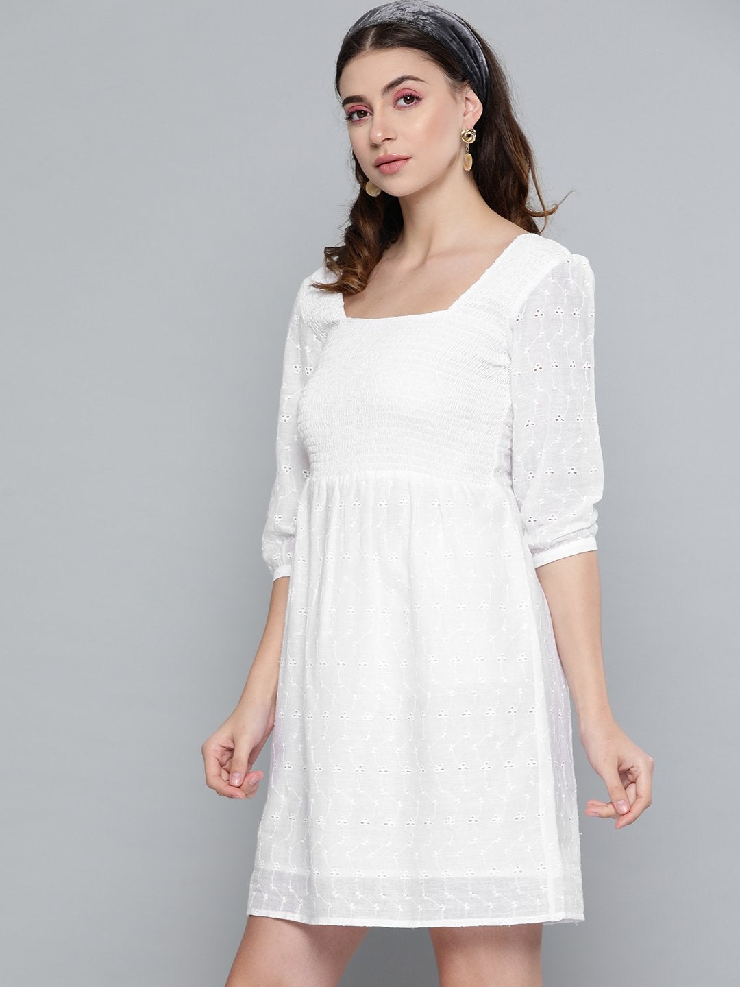 Women's White Schiffli Smocking Skater Dress