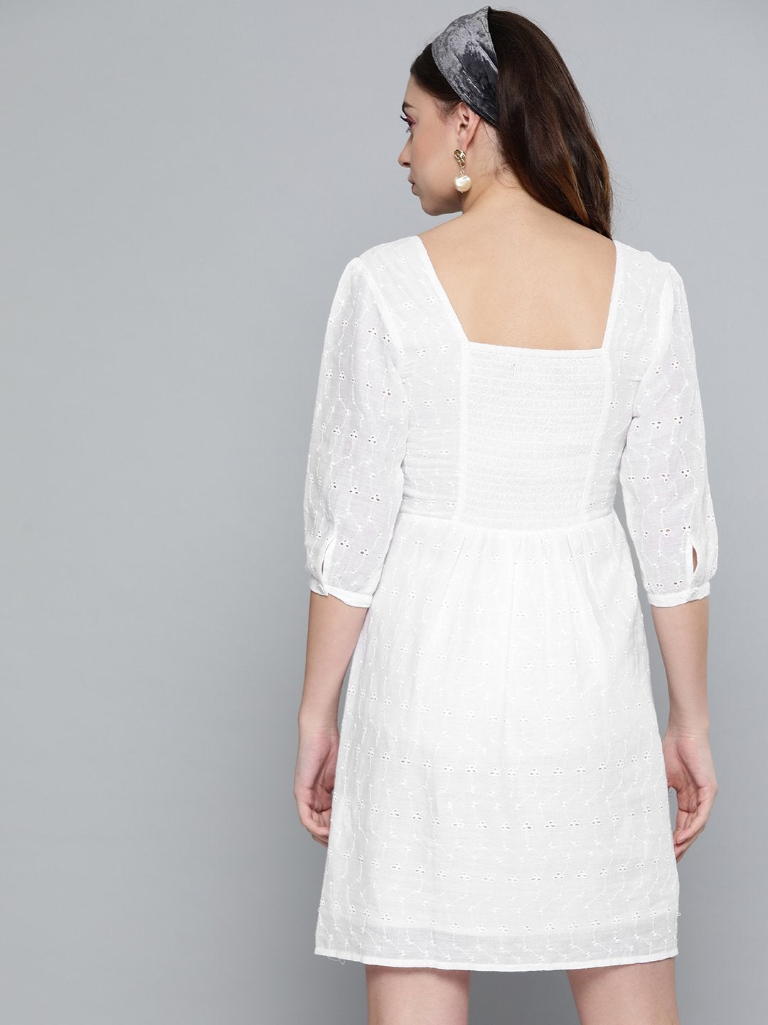 Women's White Schiffli Smocking Skater Dress
