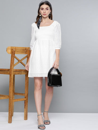Women's White Schiffli Smocking Skater Dress