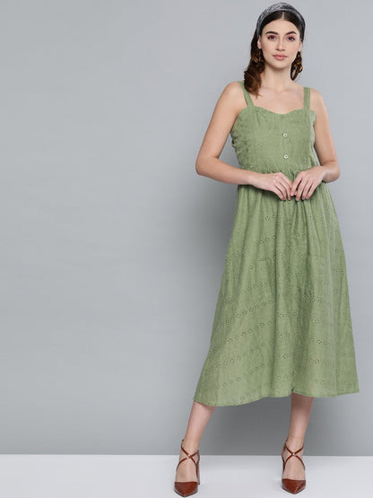 Women's Olive Schiffli Front Button Strappy Dress