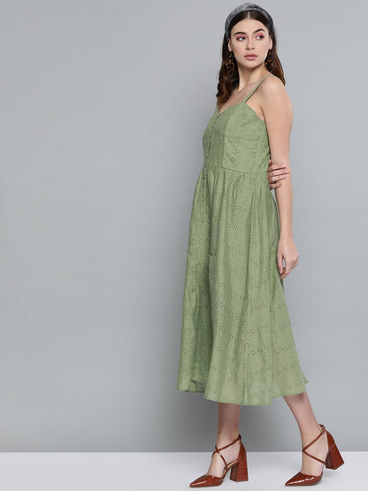 Women's Olive Schiffli Front Button Strappy Dress