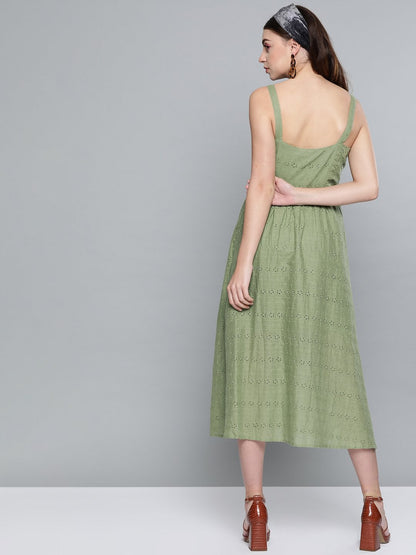 Women's Olive Schiffli Front Button Strappy Dress