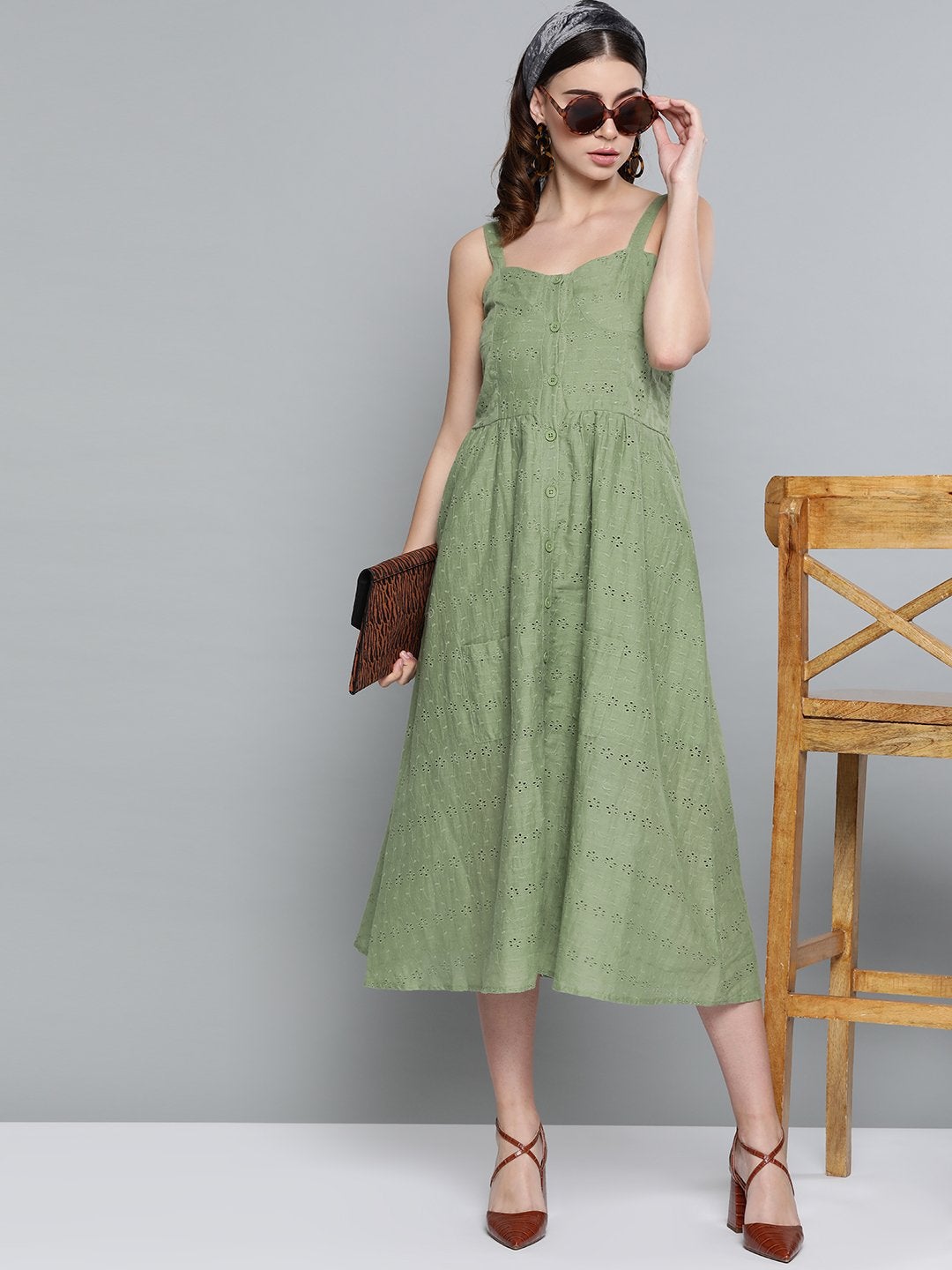 Women's Olive Schiffli Front Button Strappy Dress