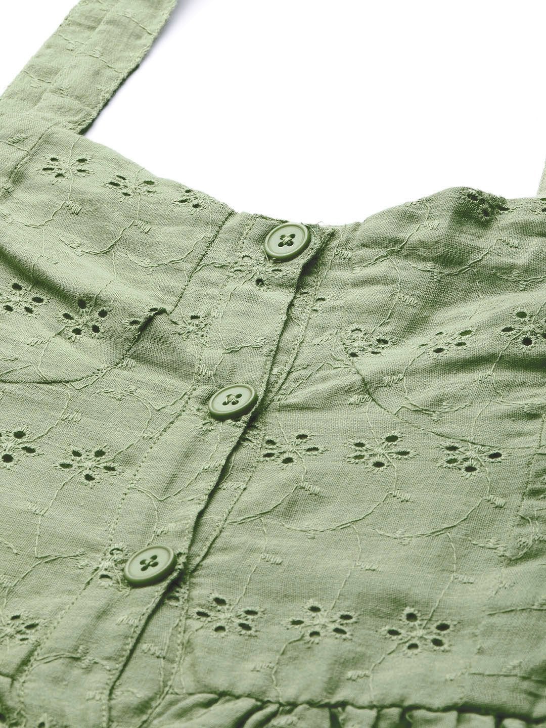 Women's Olive Schiffli Front Button Strappy Dress