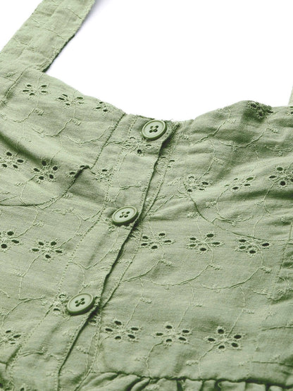 Women's Olive Schiffli Front Button Strappy Dress