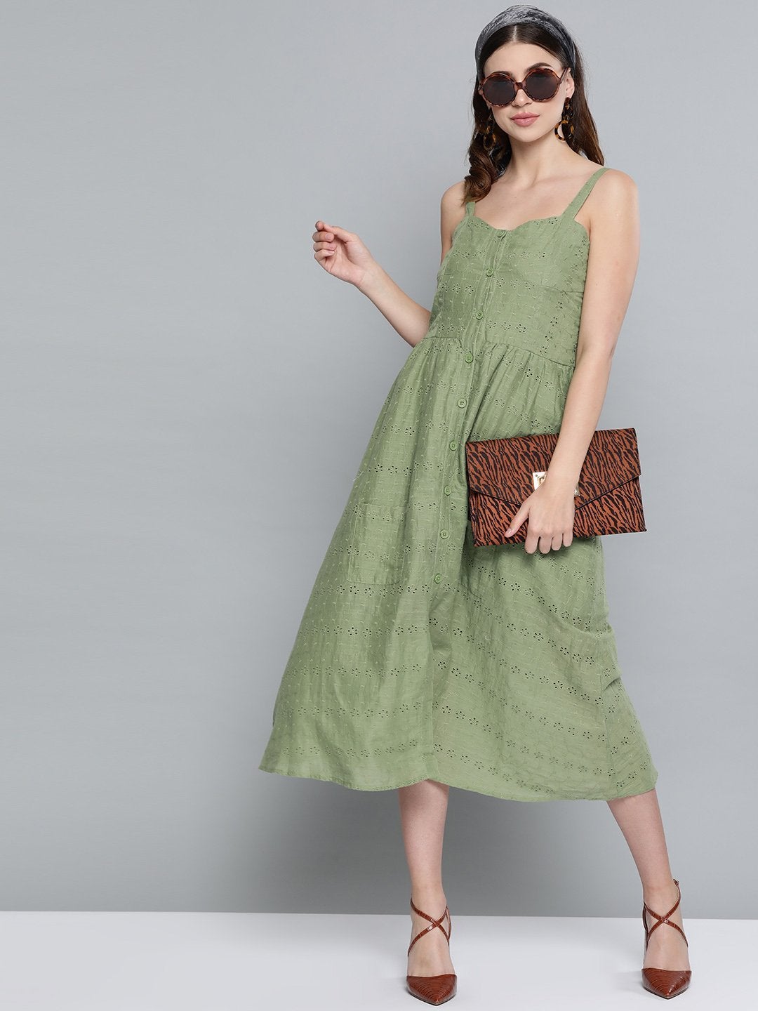 Women's Olive Schiffli Front Button Strappy Dress
