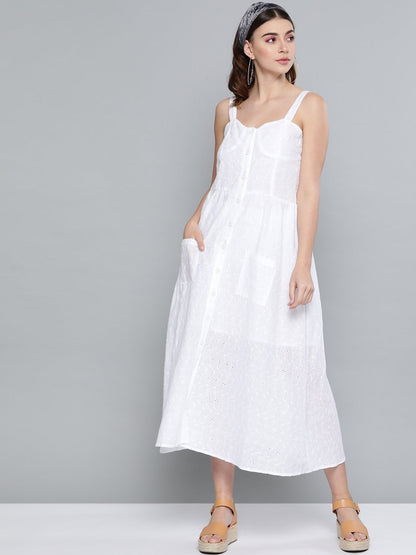 Women's White Schiffli Front Button Strappy Dress