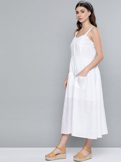 Women's White Schiffli Front Button Strappy Dress