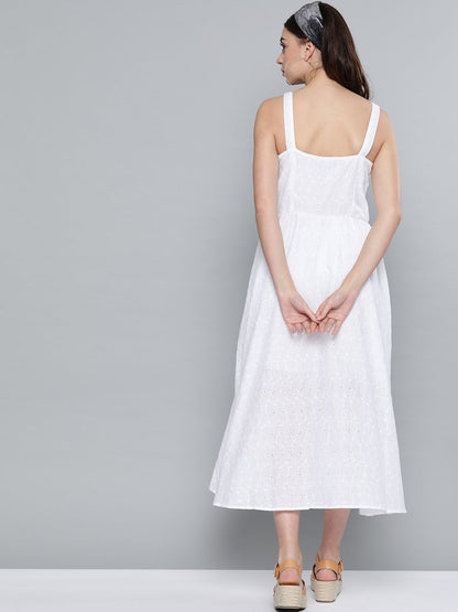 Women's White Schiffli Front Button Strappy Dress