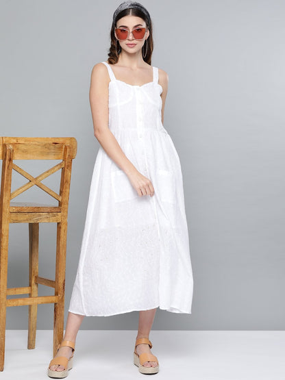 Women's White Schiffli Front Button Strappy Dress