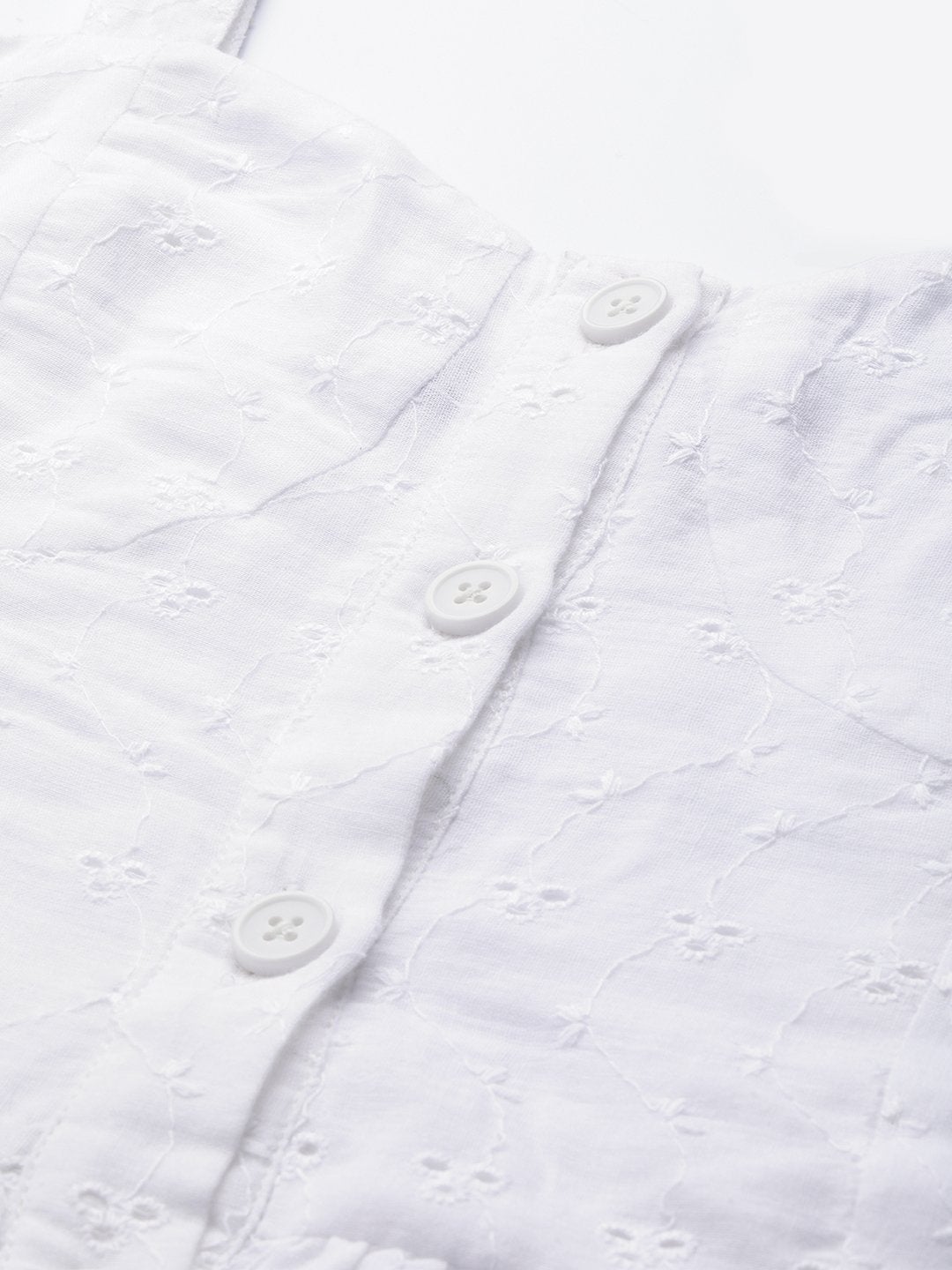 Women's White Schiffli Front Button Strappy Dress