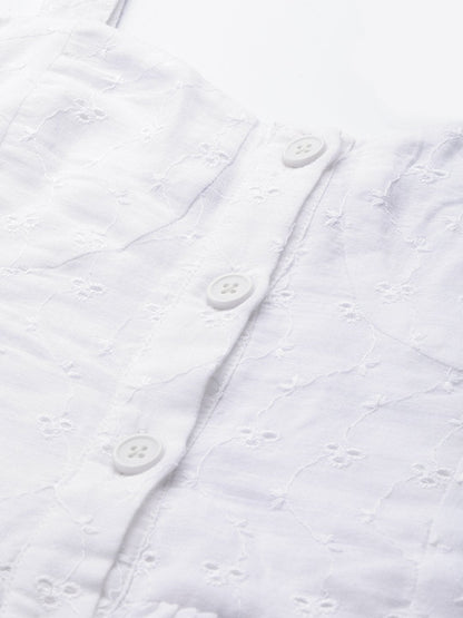 Women's White Schiffli Front Button Strappy Dress