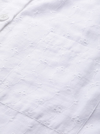 Women's White Schiffli Front Button Strappy Dress