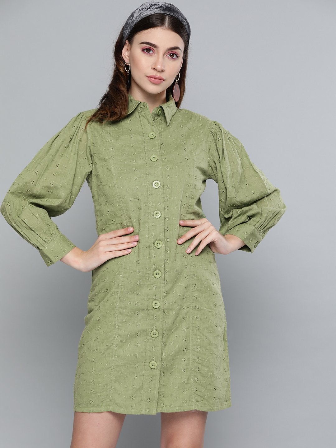 Women's Olive Schiffli Shirt Dress