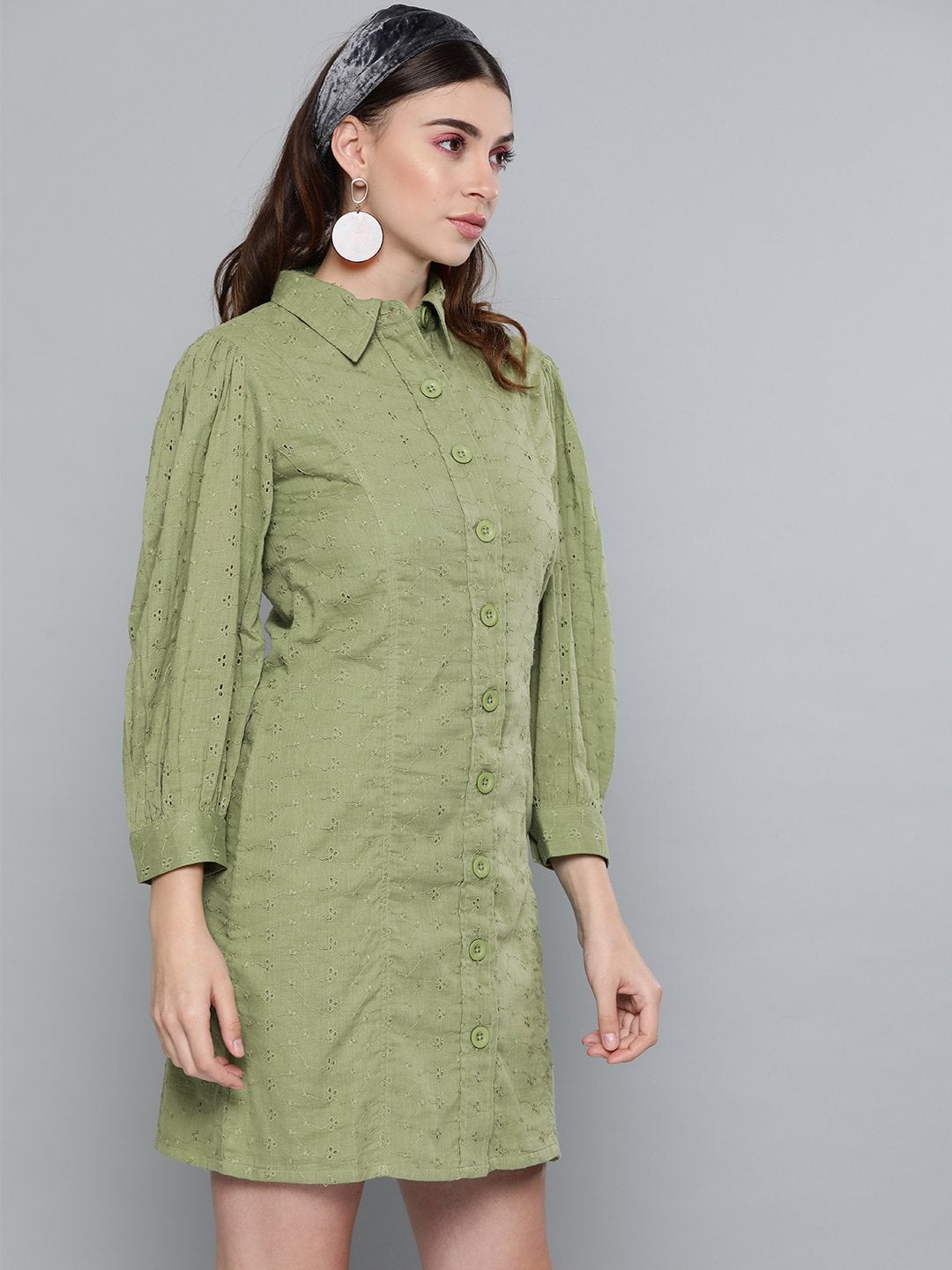 Women's Olive Schiffli Shirt Dress