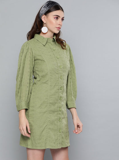 Women's Olive Schiffli Shirt Dress