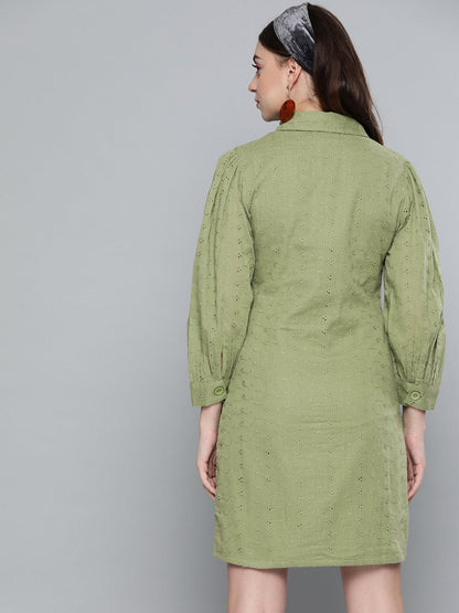 Women's Olive Schiffli Shirt Dress