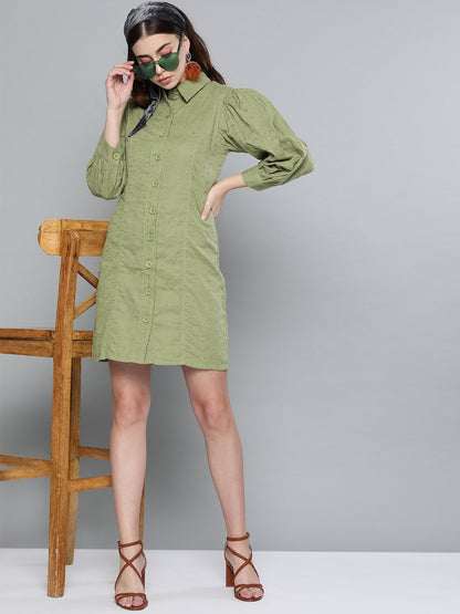 Women's Olive Schiffli Shirt Dress