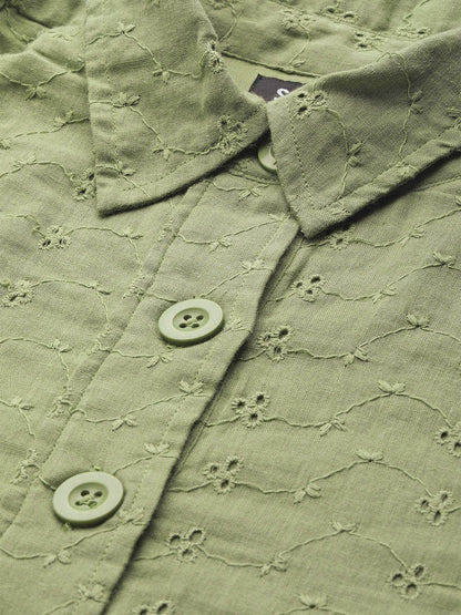 Women's Olive Schiffli Shirt Dress