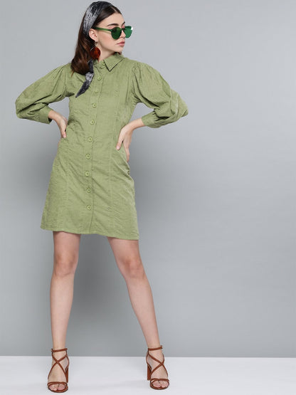 Women's Olive Schiffli Shirt Dress