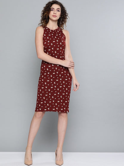 Women's Maroon Ditsy Floral Box Back Bodycon Dress