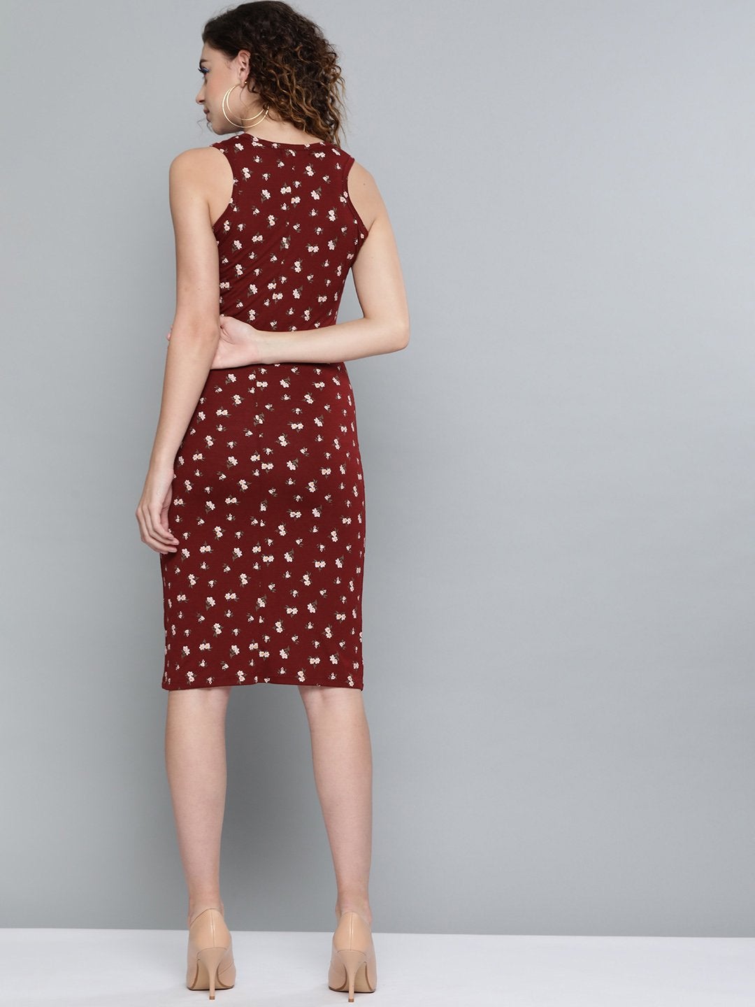 Women's Maroon Ditsy Floral Box Back Bodycon Dress
