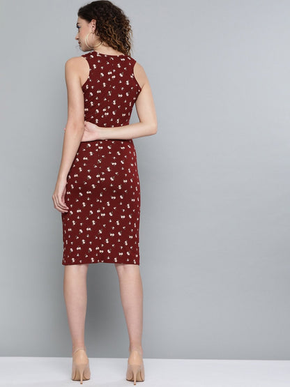 Women's Maroon Ditsy Floral Box Back Bodycon Dress