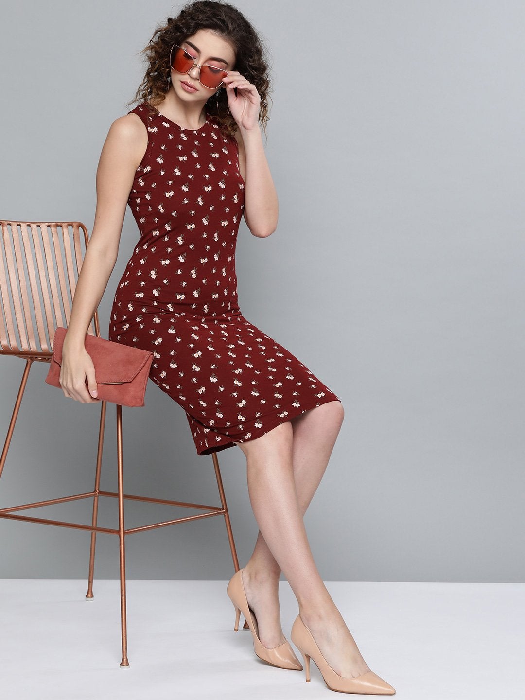 Women's Maroon Ditsy Floral Box Back Bodycon Dress