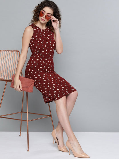 Women's Maroon Ditsy Floral Box Back Bodycon Dress