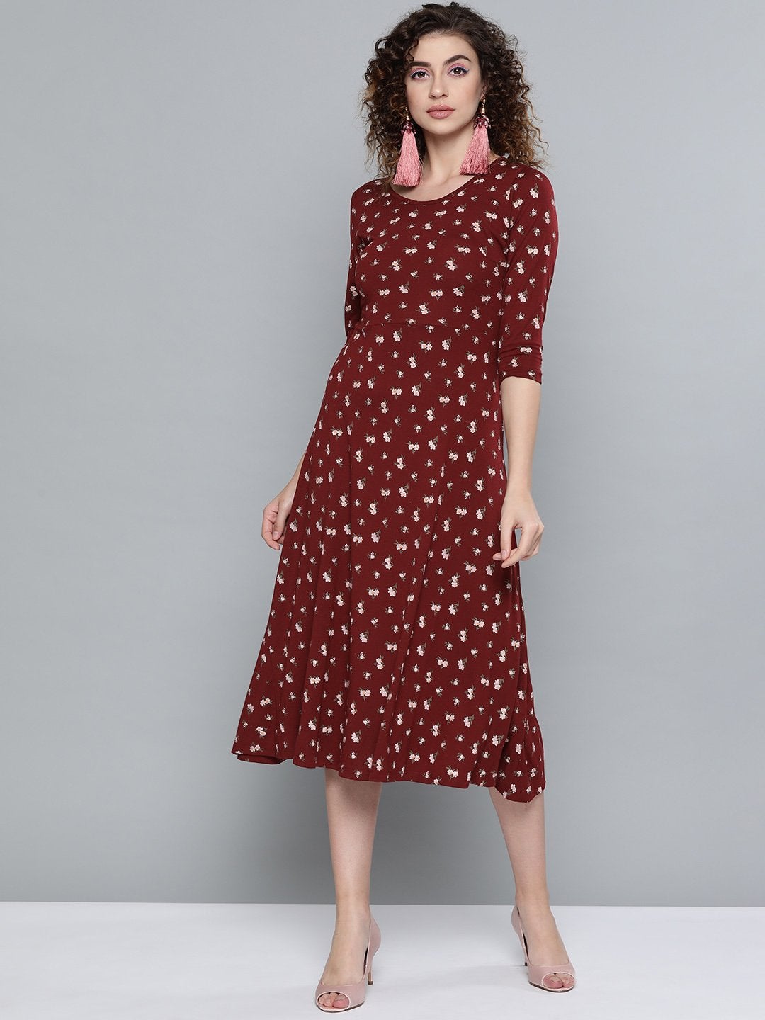 Women's Maroon Floral Fit & Flare Skater Midi Dress