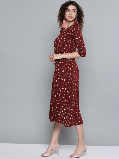 Women's Maroon Floral Fit & Flare Skater Midi Dress