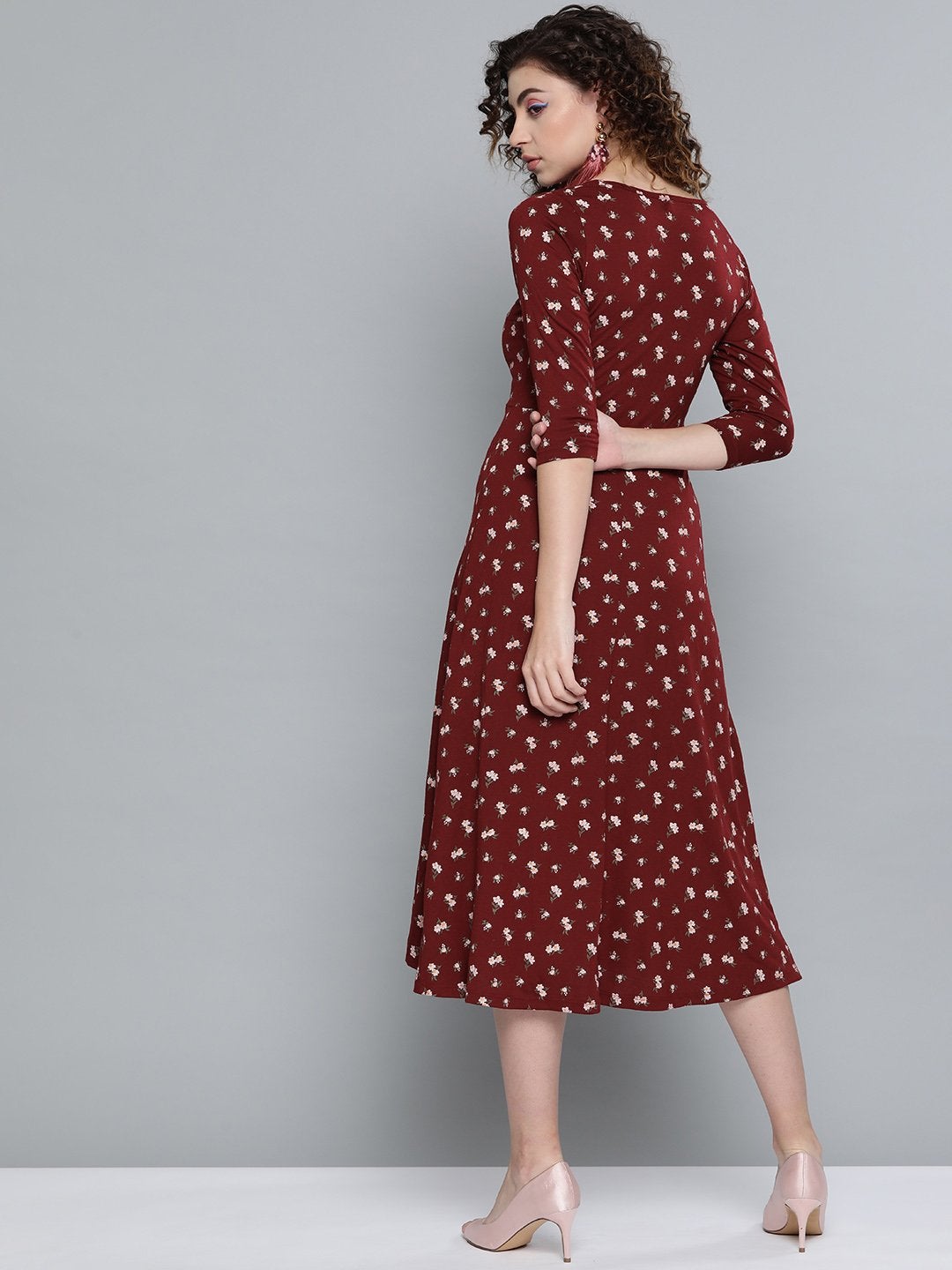 Women's Maroon Floral Fit & Flare Skater Midi Dress