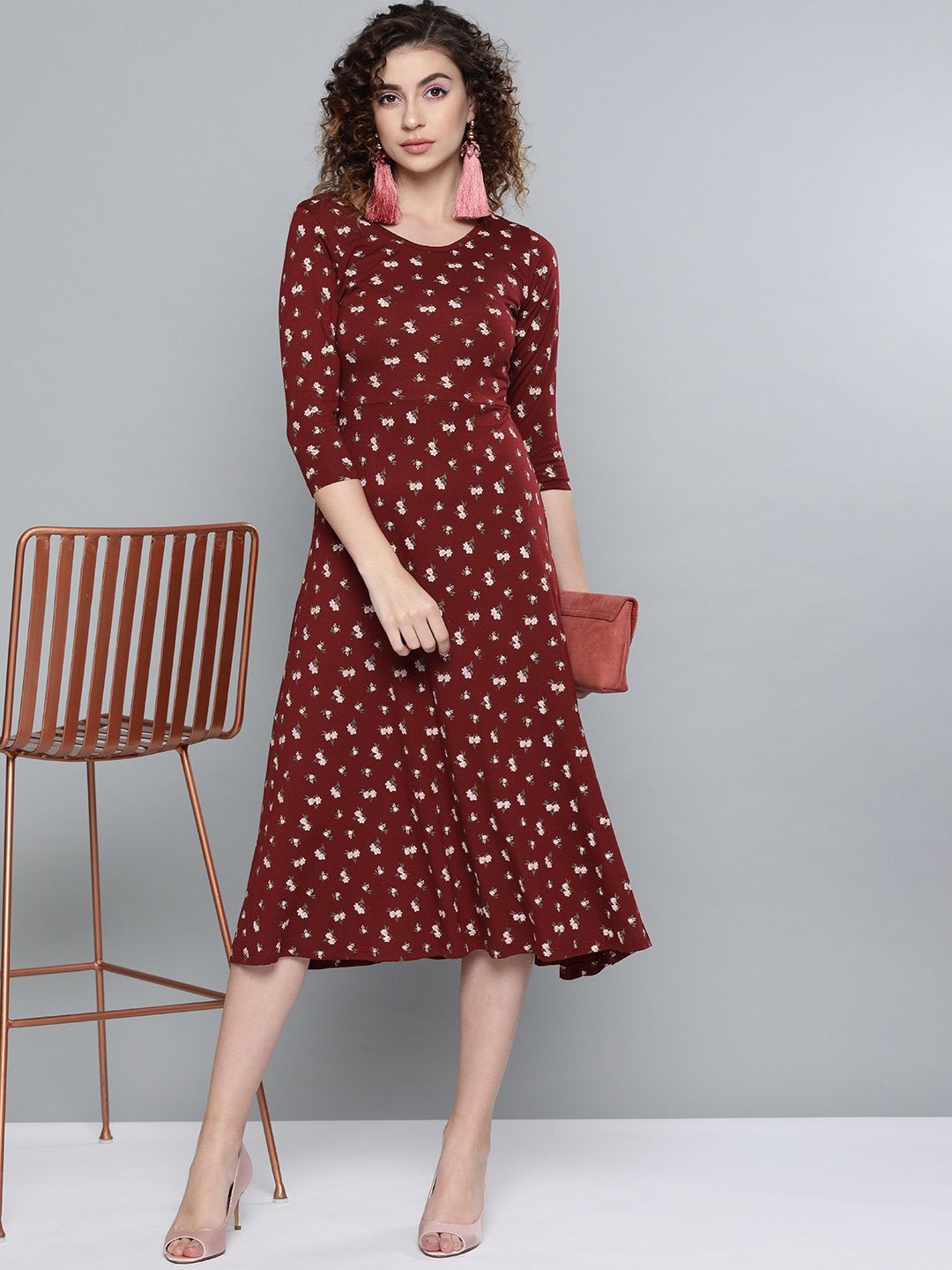 Women's Maroon Floral Fit & Flare Skater Midi Dress