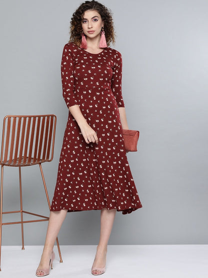 Women's Maroon Floral Fit & Flare Skater Midi Dress