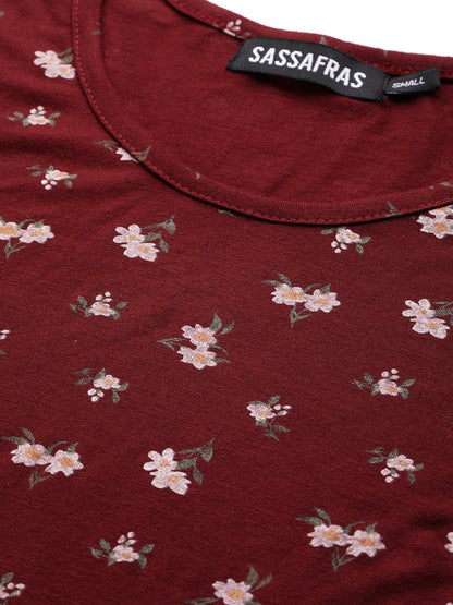Women's Maroon Floral Fit & Flare Skater Midi Dress