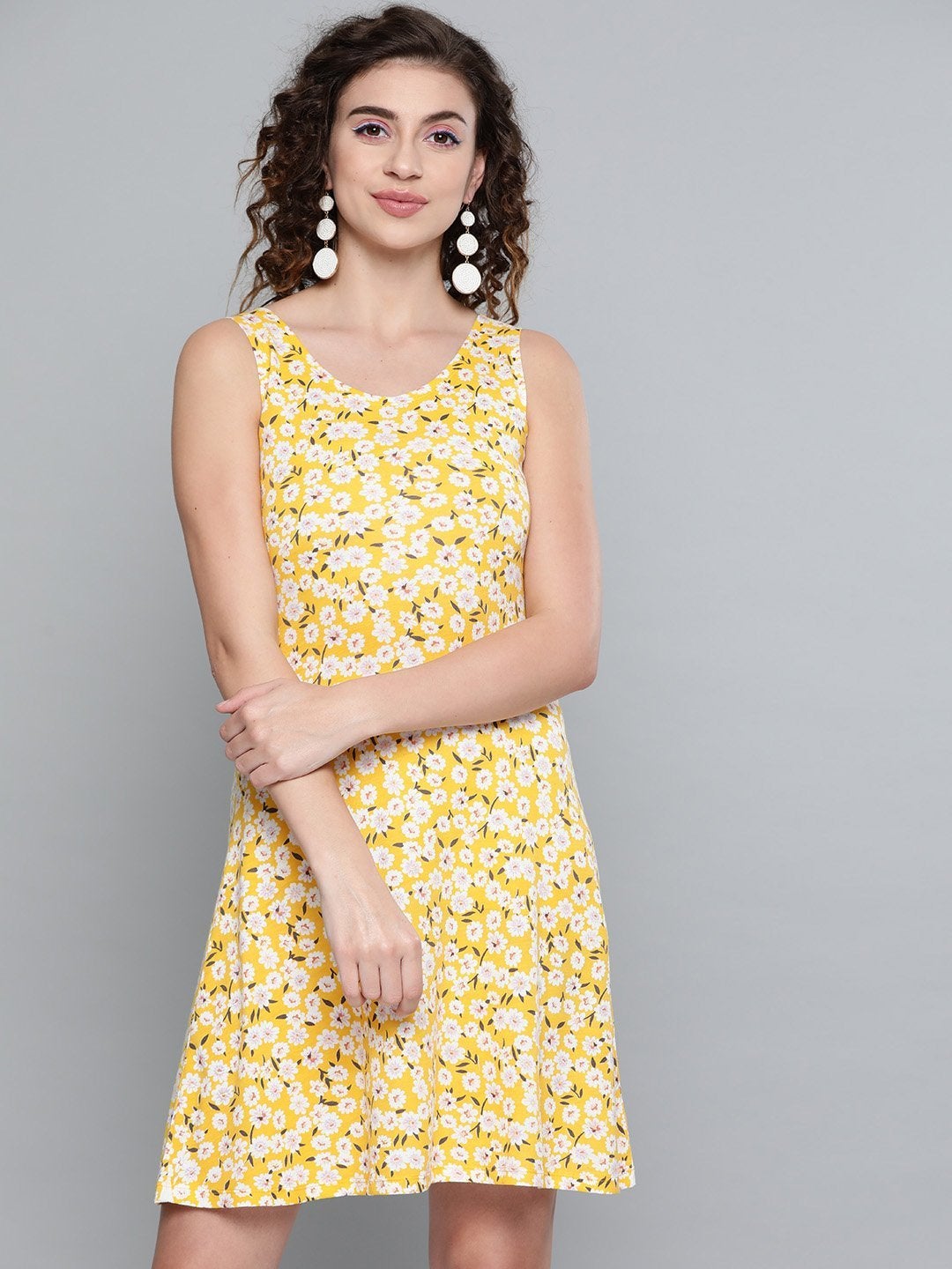 Women's Yellow Ditsy Floral Back Knot Skater Dress