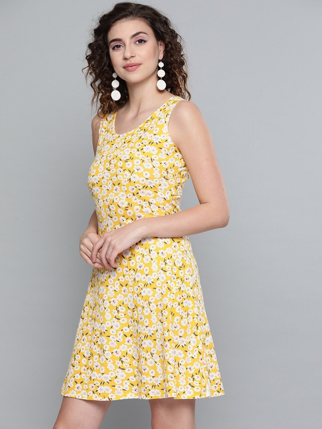 Women's Yellow Ditsy Floral Back Knot Skater Dress