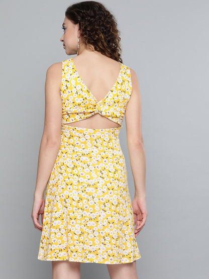 Women's Yellow Ditsy Floral Back Knot Skater Dress
