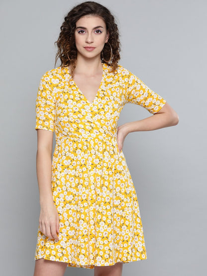 Women's Yellow Ditsy Floral Wrap Skater Dress