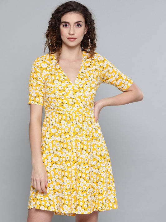 Women's Yellow Ditsy Floral Wrap Skater Dress