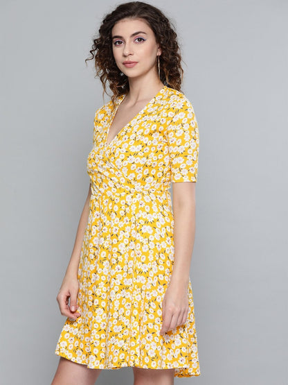 Women's Yellow Ditsy Floral Wrap Skater Dress