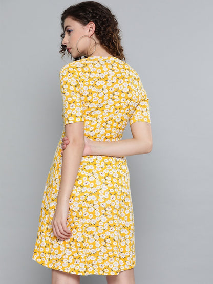 Women's Yellow Ditsy Floral Wrap Skater Dress
