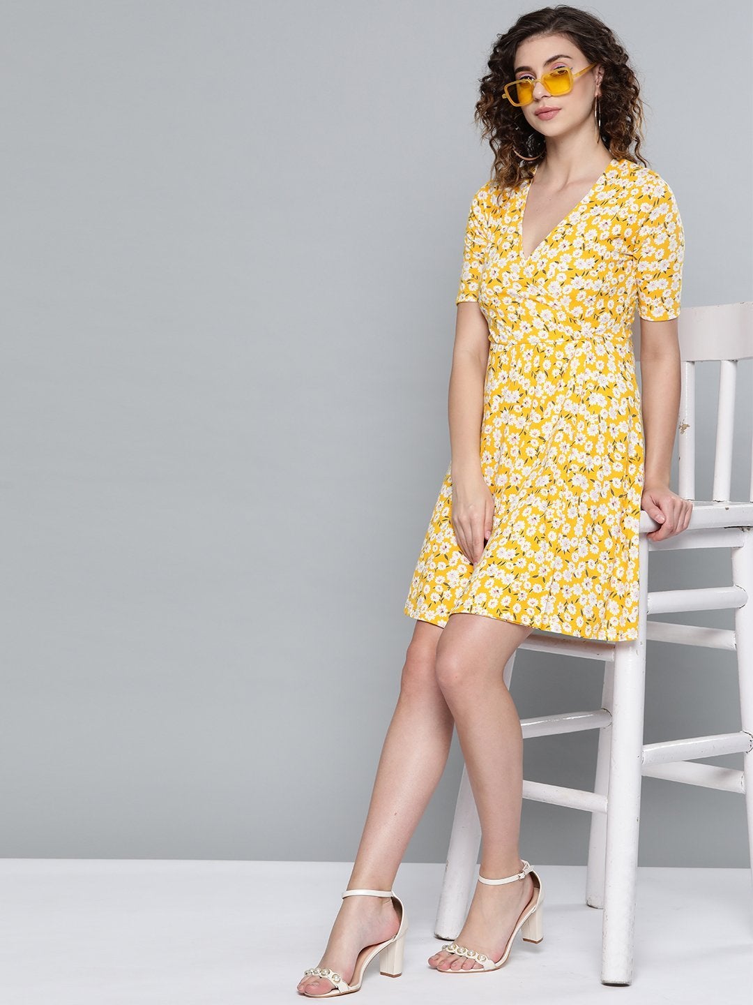 Women's Yellow Ditsy Floral Wrap Skater Dress