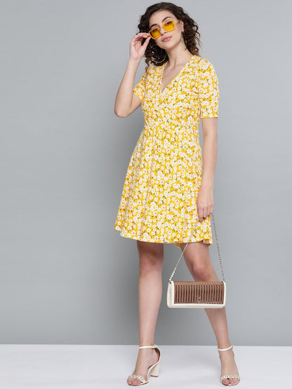 Women's Yellow Ditsy Floral Wrap Skater Dress
