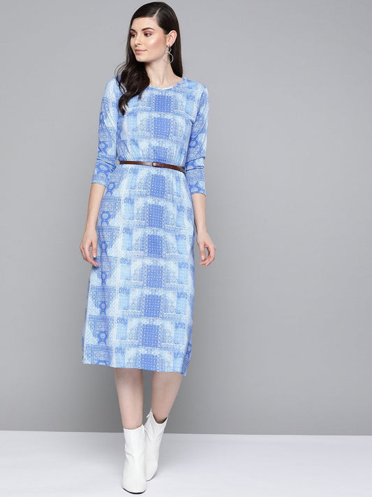 Women's Blue Geo Print Belted Midi Dress