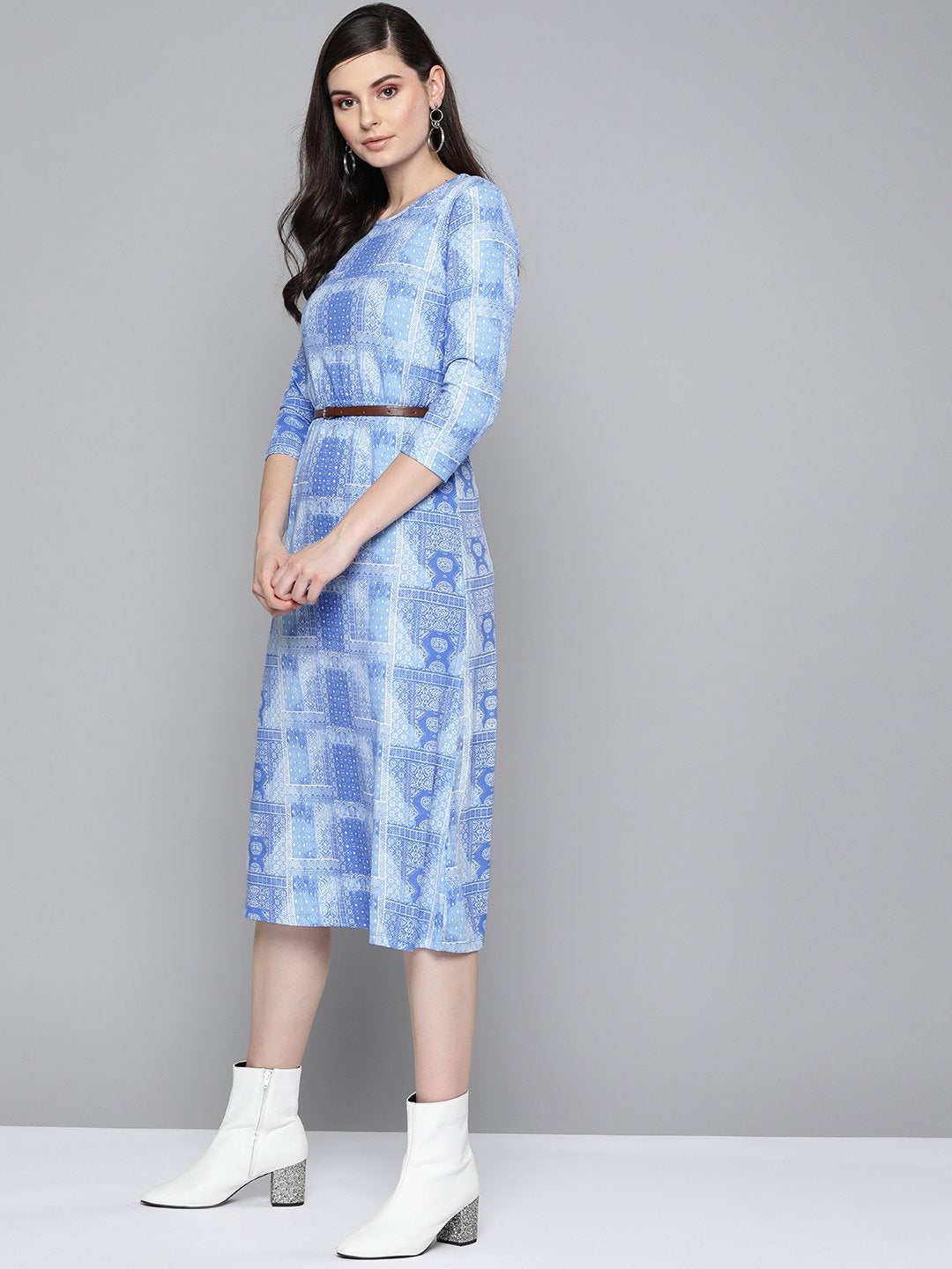Women's Blue Geo Print Belted Midi Dress