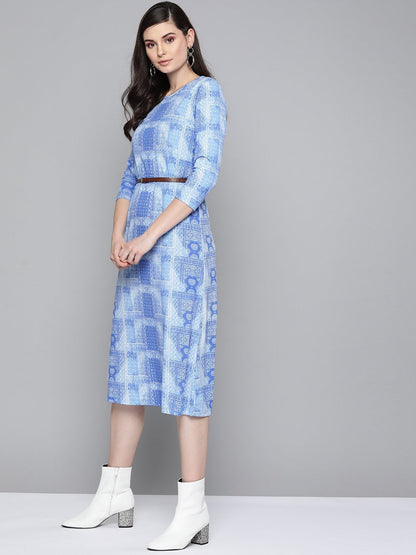Women's Blue Geo Print Belted Midi Dress