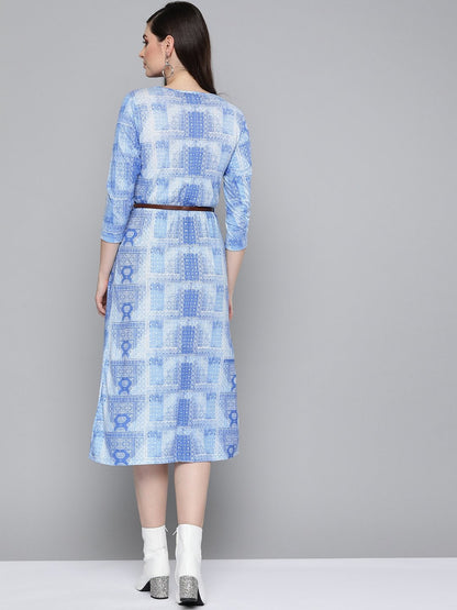 Women's Blue Geo Print Belted Midi Dress