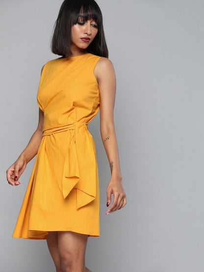 Women's Mustard Side Knot Shift Dress
