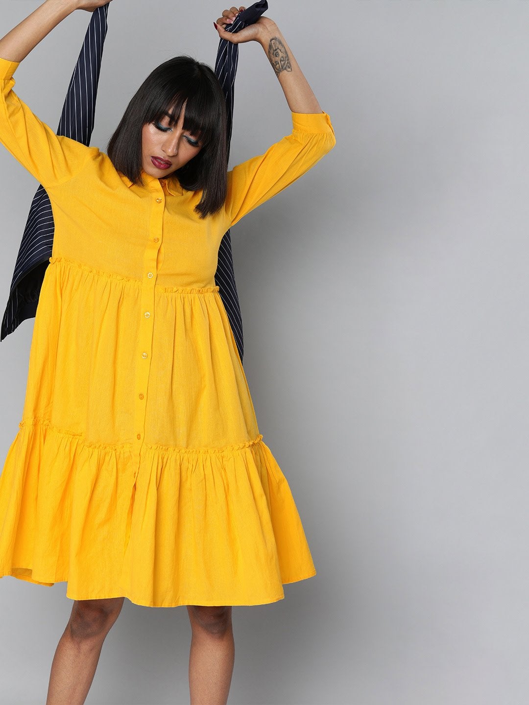 Women's Yellow Front Open Tiered Dress